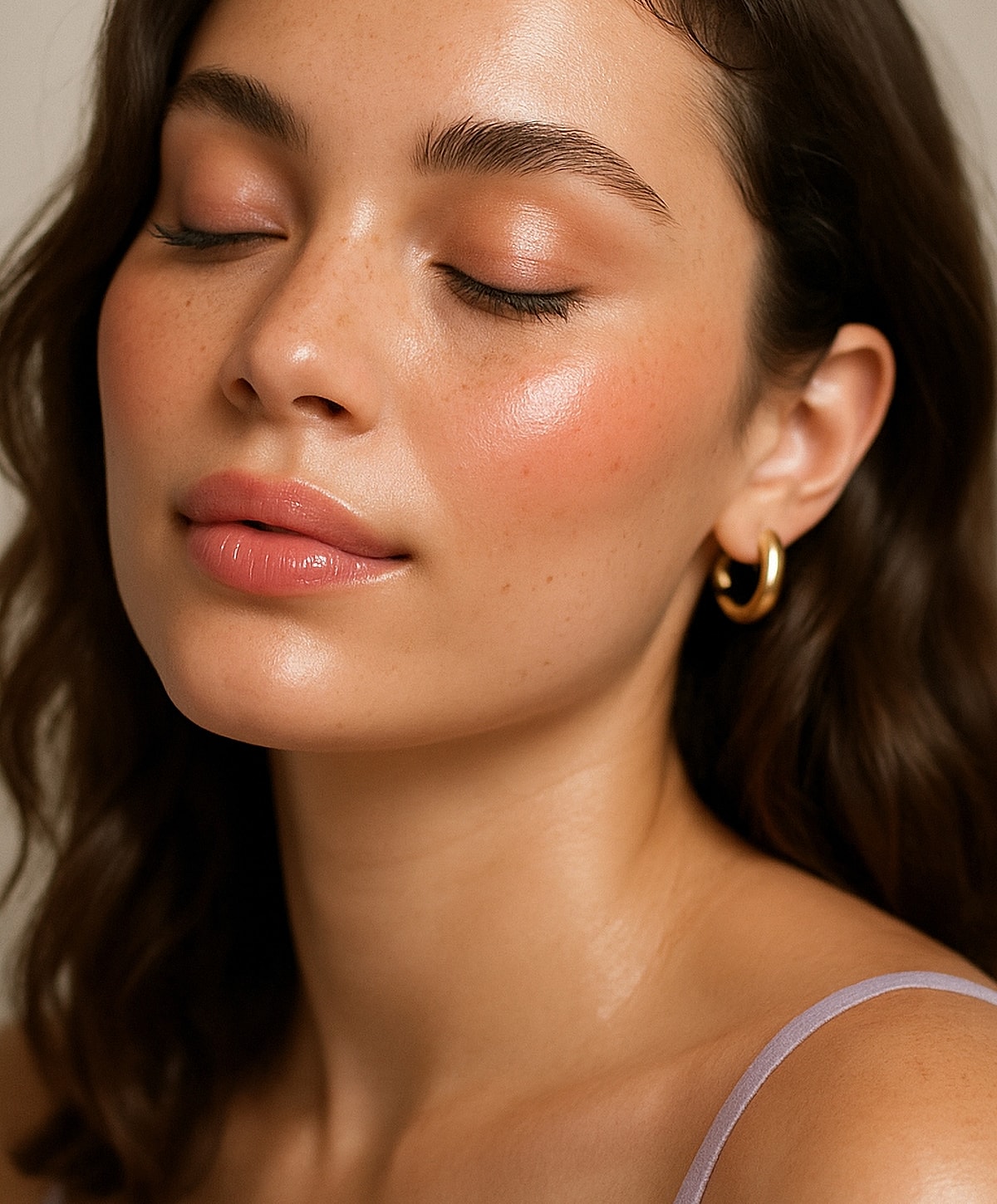 Close-up of a serene woman with curly hair.
