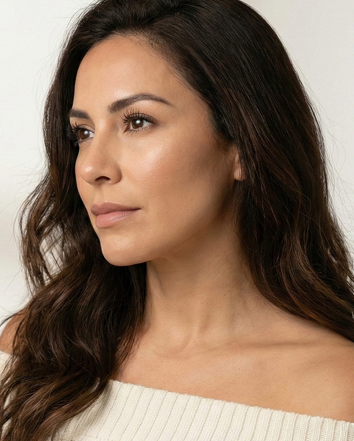 Profile of a woman with long, wavy hair.