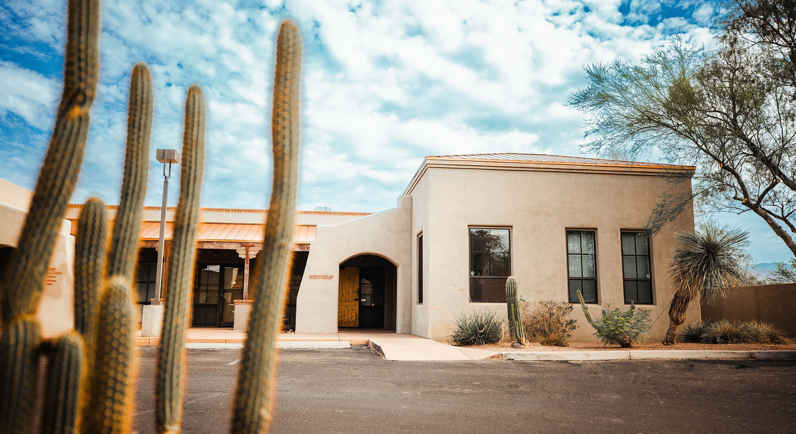 Desert building with cacti and cloudy sky.